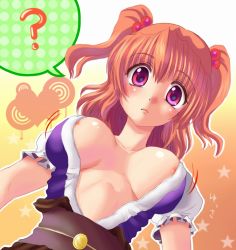 Rule 34 | 1girl, ?, areola slip, breasts, breasts apart, cleavage, clueless, creamy mamiwo, female focus, hair bobbles, hair ornament, large breasts, motion lines, nipple slip, nipples, no bra, onozuka komachi, open clothes, open shirt, red eyes, red hair, shirt, short hair, solo, touhou, twintails, two side up, v-neck