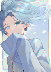 Rule 34 | 1boy, absurdres, blue eyes, blue hair, covering own mouth, earrings, grey background, hand up, highres, jewelry, long hair, looking at viewer, otogami sorachika, pppppp, sh1ma gara, shirt, sleeves past fingers, sleeves past wrists, solo, white shirt