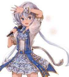 Rule 34 | 10s, 1girl, alisia0812, alternate costume, arm up, belt, bow, granblue fantasy, highres, idol, kimi to boku no mirai, konno junko, long hair, looking at viewer, low twintails, microphone, open mouth, open palm, puffy sleeves, short sleeves, grey eyes, silver hair, skirt, solo, twintails, very long hair, white background, wrist cuffs, zombie land saga