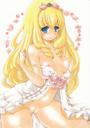 Rule 34 | 10s, 1girl, absurdres, amagi brilliant park, babydoll, blonde hair, blue eyes, blush, breasts, hair ribbon, highres, latifa fleuranza, lingerie, long hair, looking at viewer, navel, nipples, off shoulder, open mouth, pussy, ribbon, simple background, sitting, small breasts, solo, traditional media, uncensored, underwear, wariza, yurun