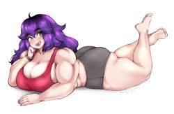 Rule 34 | 1girl, ahoge, ass, blush, breasts, cleavage, creatures (company), curvy, feet up, female focus, fingernails, full body, game freak, hand on own chin, hex maniac (pokemon), keigi, large breasts, long fingernails, long hair, looking at viewer, looking to the side, lying, muscular, muscular arms, muscular female, nintendo, on stomach, open mouth, plump, pokemon, pokemon xy, purple eyes, purple hair, sharp teeth, shiny skin, simple background, smile, solo, tank top, teeth, thick thighs, thighs, tongue, tongue out, watermark, white background
