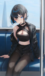 Rule 34 | 1girl, absurdres, bare shoulders, black choker, black hair, black jacket, black shirt, black shorts, blue eyes, bob cut, bra strap, breasts, brown pantyhose, choker, cleavage, cleavage cutout, clothing cutout, criss-cross halter, crop top, cropped jacket, halterneck, highres, jacket, kerno, medium breasts, midriff, navel, off shoulder, one eye closed, open clothes, open jacket, open mouth, original, pantyhose, pleated skirt, shirt, short hair, short shorts, shorts, sitting, skirt, sleeveless, sleeveless shirt, solo, stomach, train interior