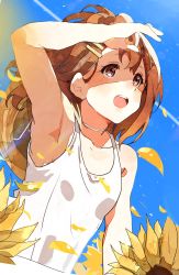Rule 34 | 1girl, :d, arm up, armpits, bare shoulders, blue sky, brown eyes, brown hair, camisole, collarbone, flower, hair ornament, hairclip, hand up, hat, highres, hirasawa yui, k-on!, kataru (ubw-emiya), medium hair, open mouth, outdoors, sky, smile, solo, standing, sunflower, white camisole