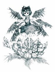 Rule 34 | 1girl, bad id, bad pixiv id, barefoot, blue theme, bow, cirno, creepy, dress, embodiment of scarlet devil, empty eyes, flower, frozen, full body, hair bow, horror (theme), ice, ice wings, kurosaki (niggurath), monochrome, no nose, outstretched arms, short hair, simple background, smile, solo, spread arms, standing, touhou, white background, wings