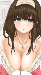 Rule 34 | 1girl, black hair, blue eyes, book, breasts, cleavage, downblouse, ebifryman, hairband, holding, holding book, idolmaster, idolmaster cinderella girls, jewelry, large breasts, long hair, looking at viewer, necklace, no bra, off-shoulder sweater, off shoulder, pendant, ribbed sweater, sagisawa fumika, solo, sweater
