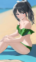Rule 34 | 1girl, absurdres, bare legs, bikini, black hair, blurry, blurry background, blush, breasts, cleavage, feet out of frame, green bikini, hair ribbon, highres, idolmaster, idolmaster shiny colors, kazano hiori, knees up, legs together, looking at viewer, looking to the side, mole, mole under mouth, navel, outdoors, pdal (pdalhhh), ponytail, purple eyes, ribbon, sitting, small breasts, smile, solo, stomach, swimsuit