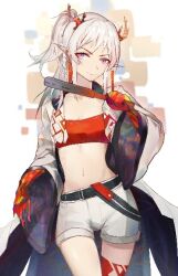 Rule 34 | 1girl, arknights, bandeau, belt, black belt, coat, commentary, cowboy shot, half updo, holding, horns, long hair, long sleeves, looking at viewer, midriff, navel, nian (arknights), open clothes, open coat, purple eyes, rumors (13419), shorts, smile, solo, standing, stomach, strapless, tube top, white coat, white hair, white shorts, wide sleeves