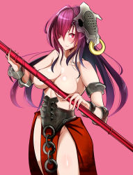 Rule 34 | 1girl, alternate costume, asterios (fate) (cosplay), asterios (fate), belt, breasts, chain, cleavage, collarbone, commentary request, cosplay, cuffs, fate/grand order, fate (series), gae bolg (fate), hair intakes, highres, holding, holding weapon, hyuuman, large breasts, long hair, looking at viewer, mask, mask on head, pink background, polearm, purple hair, red eyes, scathach (fate), scathach (fate), shackles, solo, spear, spikes, topless, weapon