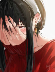 Rule 34 | 1girl, black hair, blush, breasts, collarbone, covering face, earrings, hairband, highres, isshiki (ffmania7), jewelry, large breasts, long hair, long sleeves, red eyes, red sweater, sidelocks, simple background, sleeves past wrists, solo, spy x family, sweater, white background, yor briar