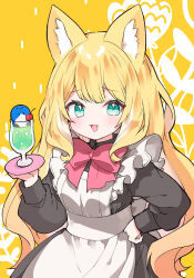 Rule 34 | 1girl, animal ear fluff, animal ears, apron, bird, black shirt, blonde hair, bow, cherry, colored inner hair, commentary request, cowboy shot, cup, drinking glass, fang, food, fox ears, fox girl, fruit, fuwafuwa-chan (kamiyoshi rika), green eyes, hand on own hip, highres, holding, holding tray, kamiyoshi rika, light blush, long hair, long sleeves, looking at viewer, maid, maid apron, multicolored hair, open mouth, original, penguin, red bow, shirt, smile, soda, solo, tray, very long hair, wavy hair, yellow background