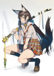 Rule 34 | 1girl, animal ears, bandages, bell, neck bell, bra, breasts, brown hair, cleavage, collar, grin, hair ornament, hairclip, katana, long hair, necktie, ogino (oginogino), original, school uniform, see-through, shirt, shorts, skirt, smile, solo, squatting, sword, tail, underwear, very long hair, weapon, wolf ears, wolf tail, yellow eyes