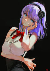 Rule 34 | 10s, 1girl, black background, black flower, black ribbon, black rose, black skirt, blue eyes, bow, bowtie, breast hold, breasts, bursting breasts, buttons, collared shirt, dagashi kashi, dress shirt, eyebrows, eyelashes, flower, frills, hair flower, hair ornament, hairband, hand on own cheek, hand on own face, head tilt, high-waist skirt, highres, large breasts, looking at viewer, parted lips, purple hair, red bow, red bowtie, ribbon, ringed eyes, rose, shidare hotaru, shirt, short hair, signature, simple background, skirt, sleeveless, sleeveless shirt, solo, suspender skirt, suspenders, white shirt, yd (orange maru)