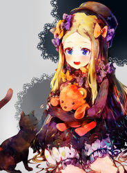 Rule 34 | 1girl, :d, abigail williams (fate), animal, black bow, black cat, black dress, black hat, blonde hair, bloomers, blue eyes, blush, bow, bug, butterfly, cat, commentary request, doily, dress, fate/grand order, fate (series), forehead, grey background, hair bow, hat, highres, hugging object, insect, kotohogi funyanya~, long hair, long sleeves, looking away, open mouth, orange bow, parted bangs, polka dot, polka dot bow, purple bow, round teeth, sitting, sleeves past fingers, sleeves past wrists, smile, solo, stuffed animal, stuffed toy, teddy bear, teeth, underwear, upper teeth only, very long hair, white bloomers