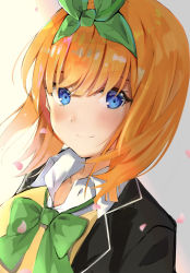 Rule 34 | 1girl, auui, black jacket, blazer, blue eyes, blush, bow, closed mouth, collared shirt, commentary request, eyebrows hidden by hair, go-toubun no hanayome, green bow, green ribbon, hair between eyes, hair ribbon, highres, jacket, looking at viewer, nakano yotsuba, open clothes, open jacket, orange hair, petals, ribbon, school uniform, shirt, smile, solo, sweater vest, upper body, white shirt