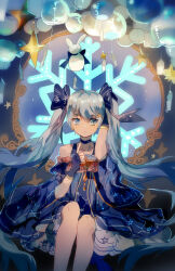 Rule 34 | 1girl, black gloves, blue dress, blue eyes, blue hair, blue ribbon, closed mouth, commentary, constellation, constellation print, dress, english text, feet out of frame, fingerless gloves, gloves, hair ribbon, hand in own hair, hatsune miku, highres, legs together, light smile, lobelia (saclia), long hair, looking at viewer, off-shoulder dress, off shoulder, rabbit yukine, ribbon, sitting, snowflakes, solo, star (symbol), textless version, twintails, vocaloid, yuki miku, yuki miku (2017)