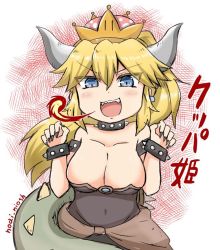 Rule 34 | 1girl, :d, artist name, bad id, bad pixiv id, black dress, black nails, blonde hair, blue eyes, blush, bowsette, bracelet, breasts, cleavage, collar, commentary request, crown, dress, earrings, fangs, fingernails, fire, hair between eyes, hands up, horns, jewelry, large breasts, mario (series), mini crown, nail polish, new super mario bros. u deluxe, nintendo, noai nioshi, open mouth, sharp teeth, signature, smile, solo, spiked bracelet, spiked collar, spiked tail, spikes, strapless, strapless dress, super crown, tail, teeth, translation request, v-shaped eyebrows