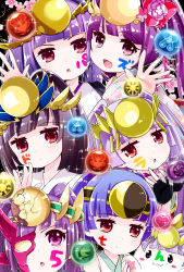 Rule 34 | 1boy, 5girls, :3, black hair, blunt bangs, blush stickers, headdress, highres, looking at viewer, multiple girls, multiple persona, open mouth, pikomarie, purple eyes, purple hair, puzzle &amp; dragons, red eyes, smile, tamadra, twintails, yomi (p&amp;d)