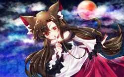 Rule 34 | 1girl, animal ear fluff, animal ears, ascot, asymmetrical bangs, bare shoulders, black ascot, black scarf, brown hair, closed mouth, cloud, commentary request, dress, finger to mouth, fingernails, frilled sleeves, frills, full moon, gem, imaizumi kagerou, long hair, long sleeves, moon, night, night sky, off-shoulder dress, off shoulder, red dress, red eyes, red gemstone, red moon, red nails, scarf, sharp fingernails, sky, smile, suzune hapinesu, touhou, two-tone dress, v-shaped eyebrows, white dress, wide sleeves, wolf ears