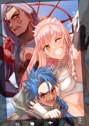 Rule 34 | 1girl, 2boys, :o, angry, annoyed, arm around shoulder, armpits, black gloves, blue hair, blush, braid, breasts, chest tattoo, cleavage, cloud, commentary, copyright name, cu chulainn (fate), cu chulainn alter (fate), earrings, elbow gloves, facial tattoo, fate/grand order, fate (series), gloves, grin, hair strand, hand on own hip, highres, hood, inugami86, jewelry, long hair, looking at viewer, medb (fate), medium breasts, messy hair, midriff, multiple boys, one eye closed, pink hair, red eyes, scowl, selfie, setanta (fate), sharp teeth, sky, smile, taking picture, tattoo, teeth, tiara, upper body, white gloves, yellow eyes