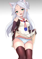 Rule 34 | 1girl, :d, american flag neckwear, animal ears, azur lane, bare shoulders, between breasts, black gloves, black vest, blush, bow, bow panties, breasts, cameltoe, cat ears, cat girl, clothes lift, commentary request, covered navel, curly hair, dedorudy, dress, dress lift, elbow gloves, fang, fingerless gloves, from below, gloves, groin, half-closed eyes, head tilt, highres, hip focus, knees together feet apart, lifted by self, long hair, looking at viewer, looking down, medium breasts, necktie, necktie between breasts, open clothes, open mouth, open vest, panties, presenting, see-through, see-through dress, sims (azur lane), skindentation, sleeveless, sleeveless dress, smile, smug, solo, standing, striped clothes, teasing, thighhighs, thighs, underwear, unzipped, vertical-striped clothes, very long hair, vest, vest lift, white dress, wrist cuffs