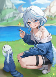 Rule 34 | 1girl, 1other, :q, alternate costume, bare shoulders, black shorts, blue eyes, blue fur, blue hair, blue jacket, blurry, blurry background, breasts, furina (genshin impact), genshin impact, grass, hair between eyes, heterochromia, holding, holding pen, jacket, lake, leisurely otter (genshin impact), long hair, long sleeves, mismatched pupils, mookyuu9, multicolored fur, multicolored hair, otter, outdoors, pen, shoes, short shorts, shorts, small breasts, spaghetti strap, sparkle, squatting, tongue, tongue out, white fur, white hair