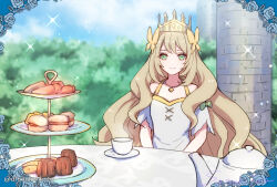 Rule 34 | 1girl, bare shoulders, blonde hair, bow, butterfly hair ornament, cake, celine (fire emblem), cookie, crown, cup, dfhnokenbutu, dress, fire emblem, fire emblem: three houses, fire emblem engage, food, green bow, green eyes, hair ornament, long hair, looking at viewer, nintendo, official alternate costume, outdoors, plate, smile, solo, tea party, teacup, teapot, tiered tray, twitter username, upper body, very long hair, white dress