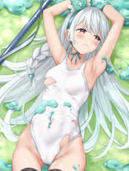 Rule 34 | 1girl, absurdres, armpits, braid, breasts, brown eyes, cameltoe, covered navel, crying, frown, futoku no guild, green headband, green headwear, grey hair, hat, headband, highres, long hair, looking away, lying, maidena angers, mitre, on back, on grass, one-piece swimsuit, single braid, slime (substance), small breasts, swimsuit, tears, torn clothes, torn swimsuit, very long hair, white one-piece swimsuit, wing (aiastor)