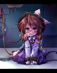 Rule 34 | 1girl, ahoge, bdsm, blush, bondage, bound, brown eyes, brown hair, chain, chained, dress, glasses, hat, hat ribbon, leash, long sleeves, looking at viewer, low twintails, open mouth, pote (ptkan), purple dress, red-framed eyewear, ribbon, shirt, sitting, slave, solo, sweat, tears, tied up (nonsexual), touhou, twintails, usami sumireko, v arms, wariza, wavy mouth