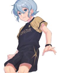 Rule 34 | 1boy, androgynous, blue eyes, blue hair, chiba (satochikasmart), hair between eyes, highres, inazuma eleven (series), inazuma eleven ares no tenbin, looking at viewer, male focus, open mouth, saotome seiya, shorts, simple background, soccer uniform, solo, sportswear, white background