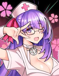 Rule 34 | 1girl, absurdres, angie bunnie, bb (bb shot!) (fate), bb (fate), blush, breasts, cherry blossoms, cleavage, fang, fate/grand order, fate (series), fingernails, flower (symbol), glasses, hair ribbon, hat, highres, large breasts, long fingernails, long hair, looking at viewer, nurse, nurse cap, one eye closed, open mouth, purple eyes, purple hair, red ribbon, ribbon, skin fang, smile, solo, twitter username, v over eye, very long hair