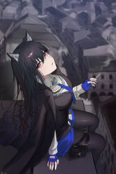 Rule 34 | 1girl, absurdres, animal ear fluff, animal ears, arknights, black coat, black hair, black pantyhose, black vest, blue gloves, blue necktie, blue shorts, breasts, building, cigarette, city, coat, coat on shoulders, day, duckntea, fingerless gloves, from side, gloves, highres, holding, holding cigarette, large breasts, long hair, long sleeves, looking at viewer, looking to the side, necktie, outdoors, pantyhose, pantyhose under shorts, parted lips, pouch, red eyes, rooftop, shirt, shorts, signature, sitting, smoke, smoking, solo, texas (arknights), texas the omertosa (arknights), thigh pouch, thigh strap, vest, white shirt, wolf ears