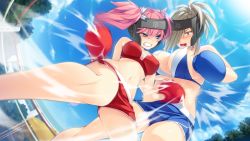 Rule 34 | &gt;:o, 2girls, :o, amagai yukino, bare shoulders, blue eyes, blue sky, blush, boxing, boxing gloves, boxing headgear, boxing ring, boxing shorts, breasts, clenched teeth, cloud, day, eyebrows, folded ponytail, from below, game cg, hair between eyes, hair over one eye, kiriya kachiki, large breasts, lens flare, looking down, motion blur, multiple girls, navel, open mouth, outdoors, pink hair, platinum blonde hair, ponytail, punching, short hair, shorts, sideboob, sky, sports bra, sportswear, stomach, stomach punch, strap gap, sunlight, teeth, thighs, tree, tsukugami kitsune, tsuyokiss, tsuyokiss festival, twintails, two side up, v-shaped eyebrows, yellow eyes