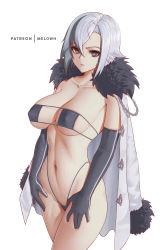 Rule 34 | 1girl, absurdres, arlecchino (genshin impact), bikini, black bikini, black hair, blush, breasts, coat, coat on shoulders, collarbone, eyepatch bikini, fur-trimmed coat, fur trim, genshin impact, grey eyes, grey hair, hair between eyes, highleg, highleg bikini, highres, large breasts, looking at viewer, melowh, multicolored hair, navel, red pupils, short hair, solo, streaked hair, swimsuit, symbol-shaped pupils, thighs, white coat, x-shaped pupils
