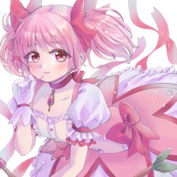Rule 34 | 1girl, blush, bow, bubble skirt, choker, closed mouth, gloves, hair bow, hand up, kaname madoka, looking at viewer, magical girl, mahou shoujo madoka magica, mahou shoujo madoka magica (anime), meguru (dagmin), pink bow, pink eyes, pink hair, puffy short sleeves, puffy sleeves, red choker, ribbon choker, short sleeves, short twintails, simple background, skirt, smile, solo, soul gem, twintails, upper body, white background, white gloves