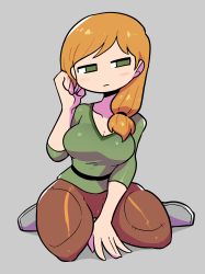 Rule 34 | 1girl, :|, absurdres, alex (minecraft), blonde hair, blush, breasts, brown pants, cleavage, closed mouth, full body, green eyes, green shirt, grey background, grey footwear, hair over shoulder, hand up, head tilt, highres, jitome, large breasts, long hair, looking at viewer, minecraft, pants, rariatto (ganguri), shirt, shoes, simple background, solo