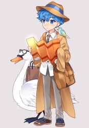 Rule 34 | 1boy, absurdres, animal, animal on shoulder, bad id, bad pixiv id, bird, bird on shoulder, blue eyes, blue hair, coat, fate/grand order, fate (series), grey background, hans christian andersen (fate), hat, highres, long sleeves, male focus, oversized clothes, simple background, sleeves past fingers, sleeves past wrists, swan, trench coat, xacco