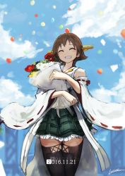 Rule 34 | 10s, 1girl, 2016, artist name, balloon, boots, bouquet, brown hair, cloud, commentary request, confetti, dated, day, detached sleeves, closed eyes, flower, frilled skirt, frills, grin, hiei (kancolle), kantai collection, lansane, nontraditional miko, ribbon-trimmed sleeves, ribbon trim, short hair, signature, skirt, sky, smile, solo, thigh boots, thighhighs, wide sleeves