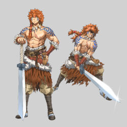 Rule 34 | 1boy, abs, brown footwear, brown skirt, facial tattoo, fantasy, frown, fur trim, glint, grey background, grin, hand on own hip, highres, holding, holding sword, holding weapon, jewelry, long hair, male focus, multiple views, muscular, muscular male, necklace, nino (pixiv 64539552), orange hair, original, pouch, scar, scar on chest, shoulder tattoo, simple background, skirt, smile, solo, standing, sword, tattoo, topless male, vambraces, warrior, weapon, yellow eyes