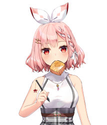 Rule 34 | 1girl, atelier live, bare arms, bare shoulders, blush, bow, braid, bread slice, breasts, food, food in mouth, grey skirt, hair bow, hair ornament, hair ribbon, hairclip, high-waist skirt, highres, holding, holding stylus, looking at viewer, medium breasts, mouth hold, pink hair, pinku (vtuber), plaid, plaid skirt, red eyes, ribbon, rosuuri, shirt, simple background, skirt, sleeveless, sleeveless shirt, solo, stylus, suspender skirt, suspenders, toast, toast in mouth, virtual youtuber, white background, white bow, white ribbon, white shirt