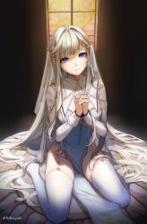 Rule 34 | 1girl, blonde hair, blue eyes, breasts, carrot (robosquat), garter straps, groin, highres, long hair, original, own hands together, praying, sitting, skindentation, smile, thighhighs, veil, very long hair, wariza, white thighhighs