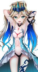 Rule 34 | 1girl, armpits, arms behind head, arms up, bare shoulders, blonde hair, blue dress, blue hair, blush, breasts, collarbone, commentary request, dress, fangs, frilled dress, frills, green eyes, hair between eyes, highres, long hair, looking at viewer, multicolored hair, navel, open mouth, original, shiwa (siwaa0419), simple background, small breasts, solo, strapless, strapless dress, two-tone hair, very long hair, vivi (ac8231), white background