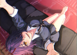 Rule 34 | 1girl, absurdres, bandages, barefoot, breasts, feet, highres, kantai collection, kuro shiraga, looking at viewer, medium hair, necktie, open mouth, purple hair, school uniform, smile, solo, tenryuu (kancolle), yellow eyes