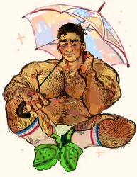 Rule 34 | 1boy, absurdres, alternate muscle size, arm hair, bara, belly, blush, bulge, chest hair, hairy, hand on own neck, highres, holding, holding umbrella, jadenvargen, large pectorals, leg hair, long sideburns, looking at viewer, male focus, mature male, mob psycho 100, muscular, muscular male, navel, navel hair, nervous, nipples, pectorals, pink background, serizawa katsuya, short hair, short shorts, shorts, sideburns, slippers, socks, solo, sparse stubble, spread legs, stomach, thick thighs, thighs, topless male, umbrella, white socks