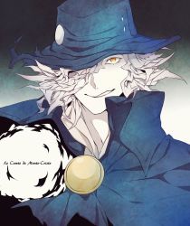 Rule 34 | 1boy, aura, cape, dark aura, edmond dantes (fate), fate/grand order, fate (series), fedora, formal, french text, gloves, hair over one eye, hat, highres, hz (666v), looking at viewer, male focus, silver hair, smile, solo, suit, upper body, wavy hair, yellow eyes