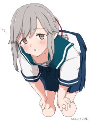 Rule 34 | 1girl, ?, blue sailor collar, blue skirt, brown eyes, cropped legs, downblouse, feet out of frame, grey hair, hachiyou (hatiyo), hair ribbon, hands on own knees, highres, kantai collection, long hair, nipples, ponytail, red ribbon, ribbon, sailor collar, school uniform, serafuku, simple background, skirt, solo, usugumo (kancolle), white background