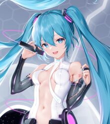 1girl :d arm_tattoo blue_eyes blue_hair blue_nails breasts commentary english_commentary hair_between_eyes hatsune_miku hatsune_miku_(append) highres holding looking_at_viewer mei_(ponponmei) navel number_tattoo open_mouth small_breasts smile solo stomach tattoo teeth tongue twintails upper_teeth_only vocaloid vocaloid_append