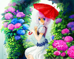 Rule 34 | blue eyes, flower, hydrangea, maguchimo, pink hair, short hair, solo, umbrella