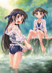 Rule 34 | 2girls, barefoot, black hair, brown eyes, brown hair, feet, fundoshi, japanese clothes, long hair, maruto!, mizu happi, multiple girls, no pants, one-piece swimsuit, original, school swimsuit, sitting, sleeves rolled up, swimsuit, swimsuit under clothes, wading, water, wet, wet clothes, wringing clothes