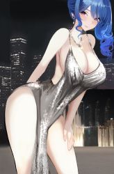 Rule 34 | 1girl, azur lane, backless dress, backless outfit, bare shoulders, blue hair, breasts, cleavage, dress, earrings, evening gown, halter dress, halterneck, highres, huge breasts, jewelry, leaning forward, long hair, looking at viewer, necklace, plunging neckline, revealing clothes, sidelocks, silver dress, solo, st. louis (azur lane), st. louis (luxurious wheels) (azur lane), tako (00303780)