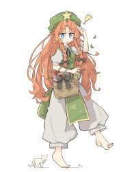 Rule 34 | !, 1girl, animal, barefoot, basket, blue eyes, bow, braid, cat, chinese clothes, flower, full body, hair bow, hand up, hat, hat ornament, highres, holding, holding basket, hong meiling, long hair, looking at viewer, neck ribbon, orange hair, pants, primsla, ribbon, short sleeves, smile, solo, standing, standing on one leg, star (symbol), star hat ornament, touhou, twin braids, very long hair, white background